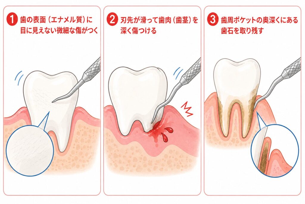 自分で歯石を取るとダメな理由を図式したイラスト