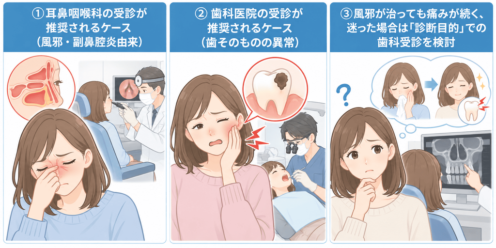 ▼見出しの目次
①耳鼻咽喉科の受診が推奨されるケース(風邪・副鼻腔炎由来)
②歯科医院の受診が推奨されるケース(歯そのものの異常)
③風邪が治っても痛みが続く、迷った場合は「診断目的」での歯科受診を検討