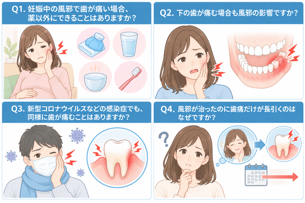 ▼質問の目次
Q1. 妊娠中の風邪で歯が痛い場合、薬以外にできることはありますか?
Q2. 下の歯が痛む場合も風邪の影響ですか?
Q3. 新型コロナウイルスなどの感染症でも、同様に歯が痛むことはありますか?
Q4. 風邪が治ったのに歯痛だけが長引くのはなぜですか?