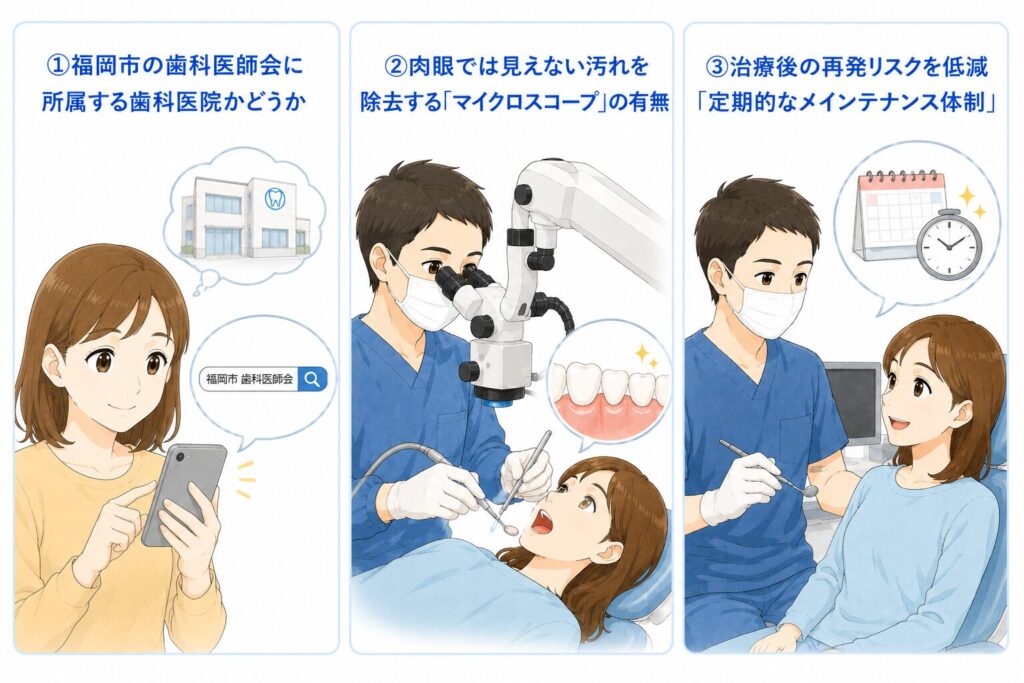 福岡市で歯周病治療を受ける歯科医院を選ぶ基準をイラストにしたもの