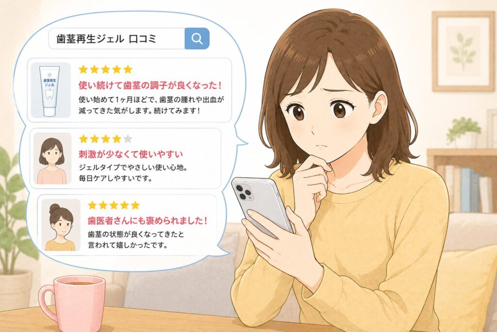 自宅のソファーに座り、スマホを片手に「歯茎再生ジェル」の口コミを見ている女性