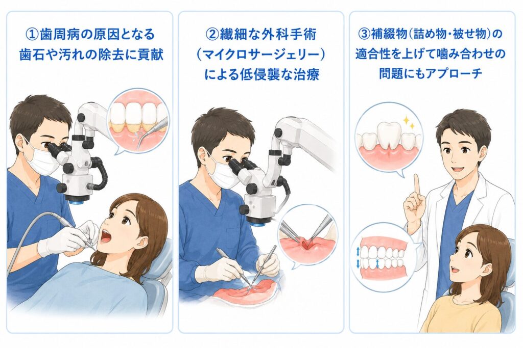 歯科医師が患者にマイクロスコープを使った治療のメリットを説明する図