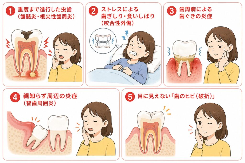 夜に歯が痛くなる主な原因(歯原性の場合5つ)