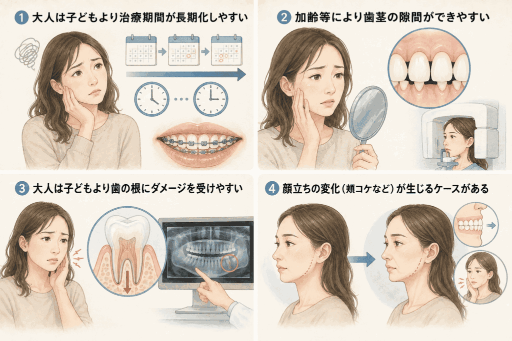 大人の歯列矯正はやめたほうがいいと言われるリスクを図示したもの