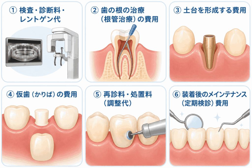 差し歯本体以外にかかる主な費用のイラスト