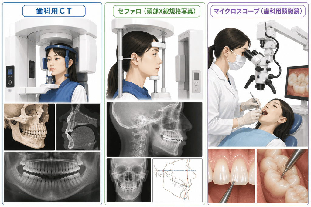 「歯科用CT」「セファロ（頭部X線規格写真）」「マイクロスコープ（歯科用顕微鏡）」の図