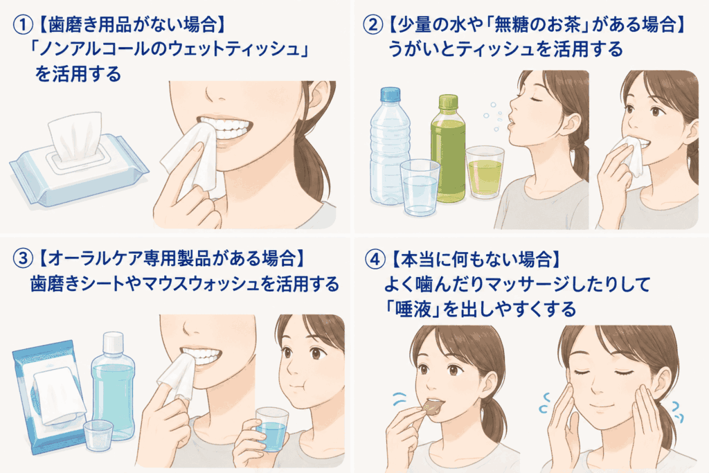 水がなくてもオーラルケアするための方法を図示したイラスト