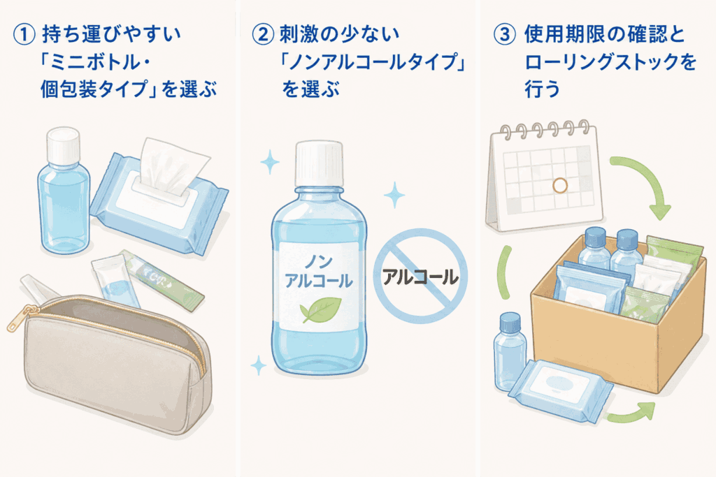 水がなくても歯磨きするときの役立つアイテムの選び方の図示