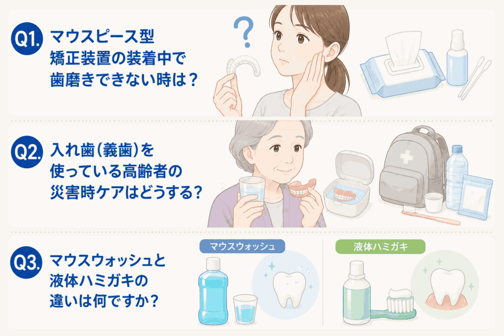 水がなくても歯磨きしたいときのよくある質問と回答の図示