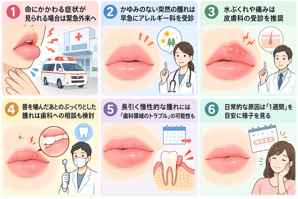 ※唇が腫れたときの症状別の目次※
①命にかかわる症状が見られる場合は緊急外来へ
②かゆみのない突然の腫れは早急にアレルギー科を受診
③水ぶくれや痛みは皮膚科の受診を推奨
④唇を噛んだあとのぷっくりとした腫れは歯科への相談も検討
⑤長引く慢性的な腫れには「歯科領域のトラブル」の可能性も
⑥日常的な原因は「1週間」を目安に様子を見る