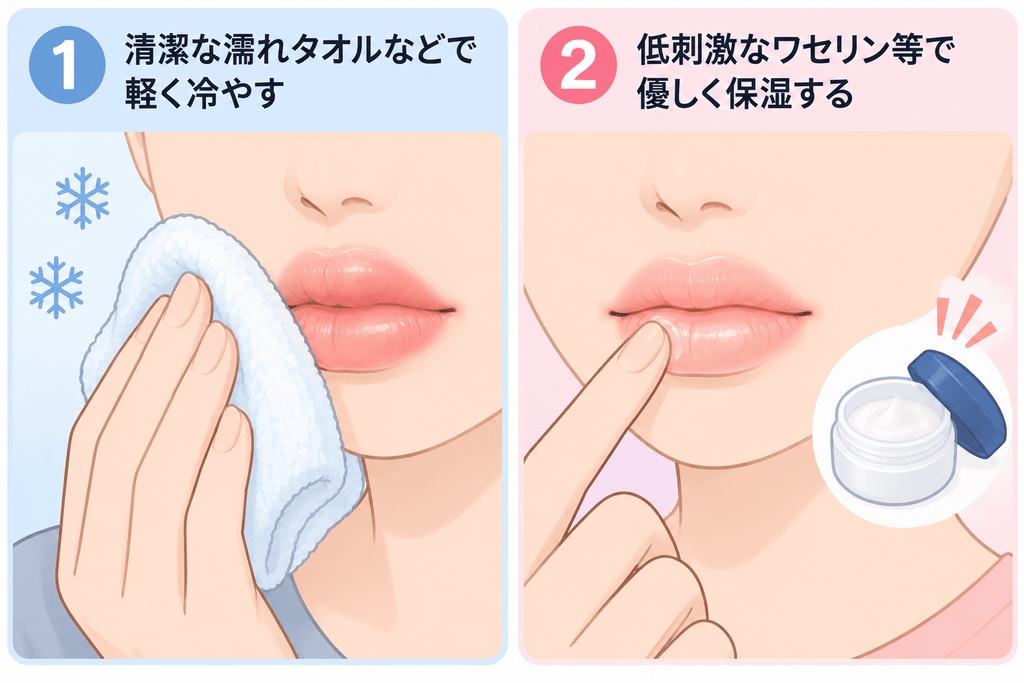 見出しの目次。
①清潔な濡れタオルなどで軽く冷やす
②低刺激なワセリン等で優しく保湿する
