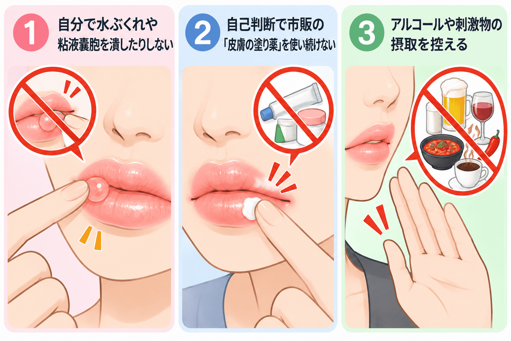▼目次
①自分で水ぶくれや粘液嚢胞を潰したりしない
②自己判断で市販の「皮膚の塗り薬」を使い続けない
③アルコールや刺激物の摂取を控える