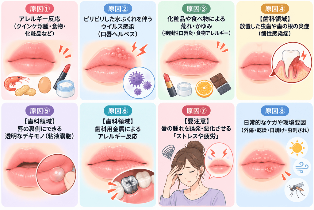 ▼目次イラスト
原因①:アレルギー反応(クインケ浮腫・食物・化粧品など)
原因②:ピリピリした水ぶくれを伴うウイルス感染(口唇ヘルペス)
原因③:化粧品や食べ物による荒れ・かゆみ(接触性口唇炎・食物アレルギー)
原因④:【歯科領域】放置した虫歯や歯の根の炎症(歯性感染症)
原因⑤:【歯科領域】唇の裏側にできる透明なデキモノ(粘液嚢胞)
原因⑥:【歯科領域】歯科用金属によるアレルギー反応
原因⑦:【要注意】唇の腫れを誘発・悪化させる「ストレスや疲労」
原因⑧:日常的なケガや環境要因(外傷・乾燥・日焼け・虫刺され)