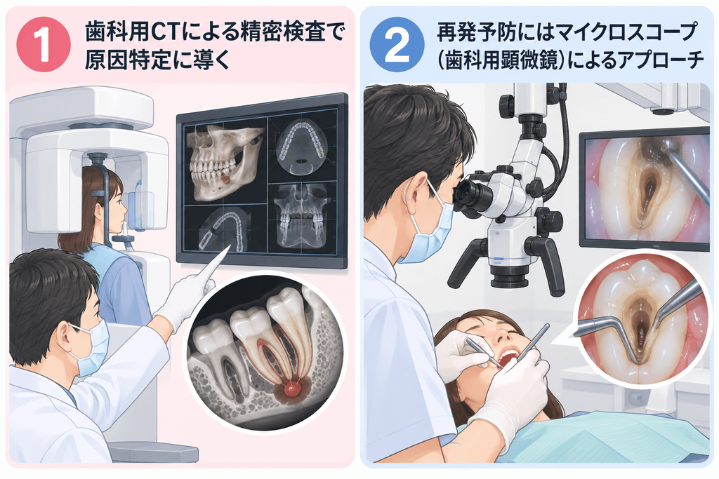 ▼目次
①歯科用CTによる精密検査で原因特定に導く
②再発予防にはマイクロスコープ(歯科用顕微鏡)によるアプローチ