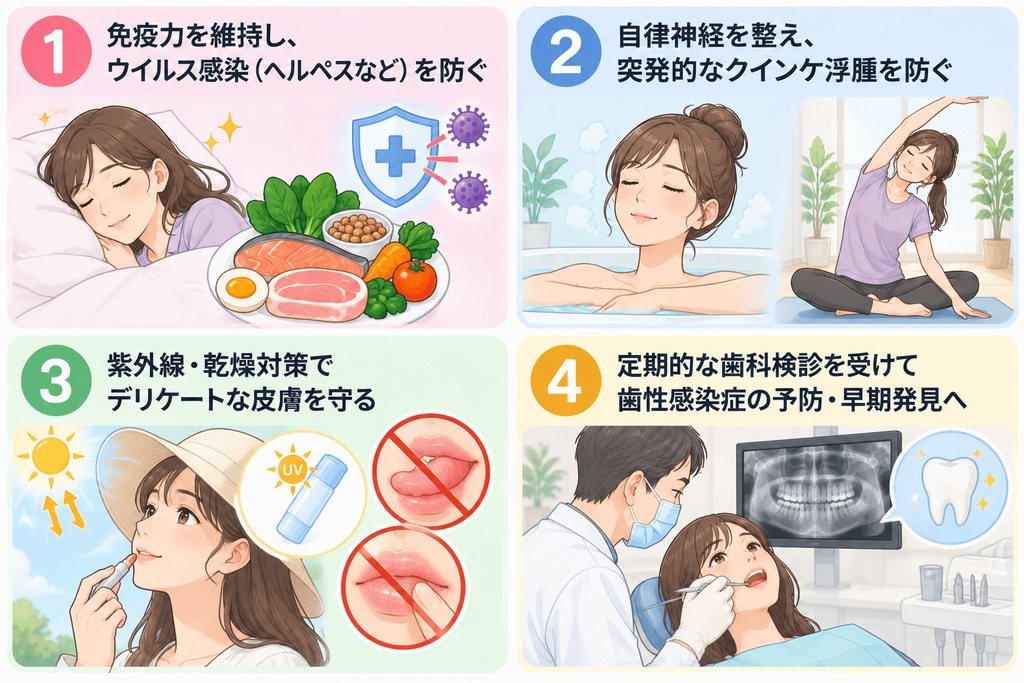 ▼目次名
①免疫力を維持し、ウイルス感染(ヘルペスなど)を防ぐ
②自律神経を整え、突発的なクインケ浮腫を防ぐ
③紫外線・乾燥対策でデリケートな皮膚を守る
④定期的な歯科検診を受けて歯性感染症の予防・早期発見へ