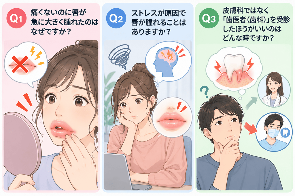 よくある質問の目次。
Q1. 痛くないのに唇が急に大きく腫れたのはなぜですか?
Q2. ストレスが原因で唇が腫れることはありますか?
Q3. 皮膚科ではなく「歯医者(歯科)」を受診したほうがいいのはどんな時ですか?