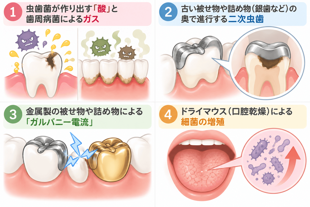 ※目次リスト
(1)虫歯菌が作り出す「酸」と歯周病菌によるガス
(2)古い被せ物や詰め物(銀歯など)の奥で進行する二次虫歯
(3)金属製の被せ物や詰め物による「ガルバニー電流」
(4)ドライマウス(口腔乾燥)による細菌の増殖
