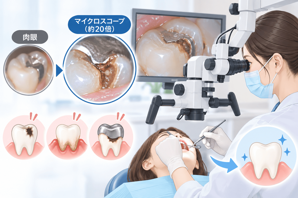 マイクロスコープの拡大視野下で治療する歯科医師と、モニターに映し出された二次カリエス