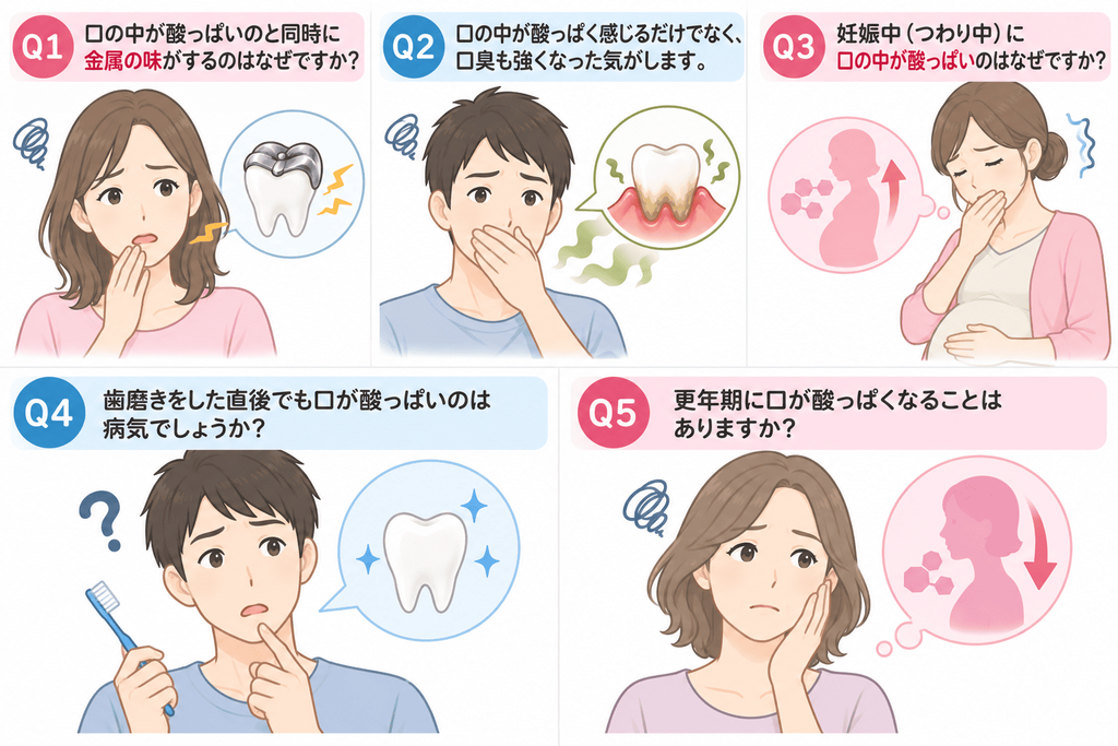 ▼質問の見出し▼
Q1. 口の中が酸っぱいのと同時に金属の味がするのはなぜですか?
Q2. 口の中が酸っぱく感じるだけでなく、口臭も強くなった気がします。
Q3. 妊娠中(つわり中)に口の中が酸っぱいのはなぜですか?
Q4. 歯磨きをした直後でも口が酸っぱいのは病気でしょうか?
Q5. 更年期に口が酸っぱくなることはありますか?